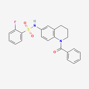 molecular formula C22H19FN2O3S B2867573 N-(1-benzoyl-1,2,3,4-tetrahydroquinolin-6-yl)-2-fluorobenzene-1-sulfonamide CAS No. 946210-66-8