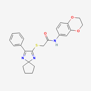 molecular formula C23H23N3O3S B2867910 N-(2,3-dihydro-1,4-benzodioxin-6-yl)-2-({3-phenyl-1,4-diazaspiro[4.4]nona-1,3-dien-2-yl}sulfanyl)acetamide CAS No. 899911-53-6