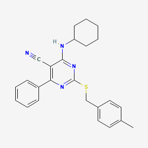 molecular formula C25H26N4S B2867961 4-(Cyclohexylamino)-2-[(4-methylbenzyl)sulfanyl]-6-phenyl-5-pyrimidinecarbonitrile CAS No. 320422-41-1