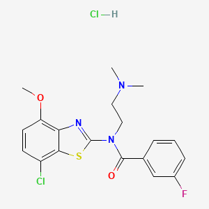 molecular formula C19H20Cl2FN3O2S B2868114 N-(7-CHLORO-4-METHOXY-1,3-BENZOTHIAZOL-2-YL)-N-[2-(DIMETHYLAMINO)ETHYL]-3-FLUOROBENZAMIDE HYDROCHLORIDE CAS No. 1331119-81-3