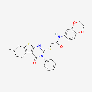 molecular formula C27H25N3O4S2 B2868158 N-(2,3-dihydro-1,4-benzodioxin-6-yl)-2-[(7-methyl-4-oxo-3-phenyl-5,6,7,8-tetrahydro-[1]benzothiolo[2,3-d]pyrimidin-2-yl)sulfanyl]acetamide CAS No. 315693-66-4