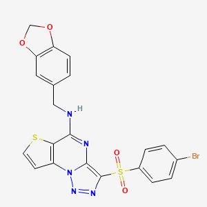 molecular formula C21H14BrN5O4S2 B2868852 N-[(2H-1,3-benzodioxol-5-yl)methyl]-10-(4-bromobenzenesulfonyl)-5-thia-1,8,11,12-tetraazatricyclo[7.3.0.0^{2,6}]dodeca-2(6),3,7,9,11-pentaen-7-amine CAS No. 892749-32-5