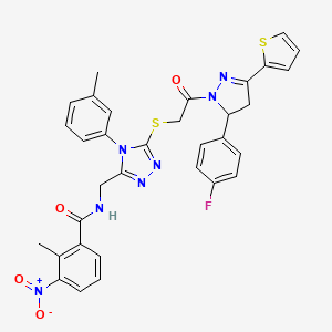 molecular formula C33H28FN7O4S2 B2868903 N-{[5-({2-[5-(4-FLUOROPHENYL)-3-(THIOPHEN-2-YL)-4,5-DIHYDRO-1H-PYRAZOL-1-YL]-2-OXOETHYL}SULFANYL)-4-(3-METHYLPHENYL)-4H-1,2,4-TRIAZOL-3-YL]METHYL}-2-METHYL-3-NITROBENZAMIDE CAS No. 393584-18-4