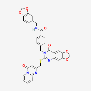 molecular formula C34H25N5O7S B2869163 N-[(2H-1,3-benzodioxol-5-yl)methyl]-4-({8-oxo-6-[({4-oxo-4H-pyrido[1,2-a]pyrimidin-2-yl}methyl)sulfanyl]-2H,7H,8H-[1,3]dioxolo[4,5-g]quinazolin-7-yl}methyl)benzamide CAS No. 688061-87-2