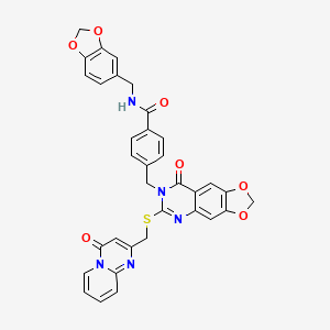 N-(1,3-benzodioxol-5-ylmethyl)-4-{[8-oxo-6-{[(4-oxo-4H-pyrido[1,2-a]pyrimidin-2-yl)methyl]thio}[1,3]dioxolo[4,5-g]quinazolin-7(8H)-yl]methyl}benzamide