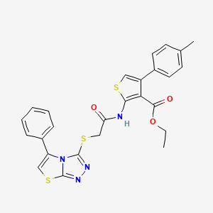 molecular formula C26H22N4O3S3 B2869238 ETHYL 4-(4-METHYLPHENYL)-2-[2-({5-PHENYL-[1,2,4]TRIAZOLO[3,4-B][1,3]THIAZOL-3-YL}SULFANYL)ACETAMIDO]THIOPHENE-3-CARBOXYLATE CAS No. 671199-73-8