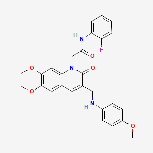 molecular formula C27H24FN3O5 B2869273 N-(2-fluorophenyl)-2-(8-{[(4-methoxyphenyl)amino]methyl}-7-oxo-2H,3H,6H,7H-[1,4]dioxino[2,3-g]quinolin-6-yl)acetamide CAS No. 894561-53-6