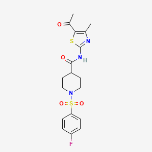 molecular formula C18H20FN3O4S2 B2869369 N-(5-acetyl-4-methyl-1,3-thiazol-2-yl)-1-(4-fluorobenzenesulfonyl)piperidine-4-carboxamide CAS No. 922454-28-2
