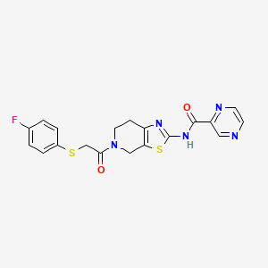 molecular formula C19H16FN5O2S2 B2869407 N-(5-(2-((4-fluorophenyl)thio)acetyl)-4,5,6,7-tetrahydrothiazolo[5,4-c]pyridin-2-yl)pyrazine-2-carboxamide CAS No. 1351655-23-6
