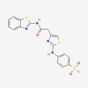 molecular formula C19H16N4O3S3 B2869423 N-(1,3-benzothiazol-2-yl)-2-{2-[(4-methanesulfonylphenyl)amino]-1,3-thiazol-4-yl}acetamide CAS No. 1171978-46-3