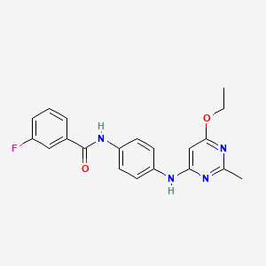 molecular formula C20H19FN4O2 B2869430 N-(4-((6-ethoxy-2-methylpyrimidin-4-yl)amino)phenyl)-3-fluorobenzamide CAS No. 1021041-91-7