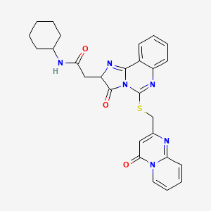 molecular formula C27H26N6O3S B2869963 N-cyclohexyl-2-{3-oxo-5-[({4-oxo-4H-pyrido[1,2-a]pyrimidin-2-yl}methyl)sulfanyl]-2H,3H-imidazo[1,2-c]quinazolin-2-yl}acetamide CAS No. 1024314-19-9