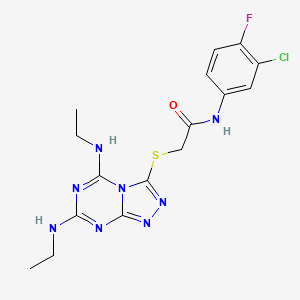 molecular formula C16H18ClFN8OS B2869975 2-{[5,7-bis(ethylamino)-[1,2,4]triazolo[4,3-a][1,3,5]triazin-3-yl]sulfanyl}-N-(3-chloro-4-fluorophenyl)acetamide CAS No. 898449-32-6