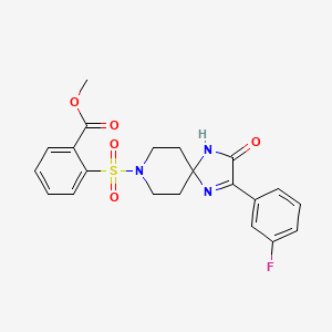 molecular formula C21H20FN3O5S B2870002 Methyl 2-{[2-(3-fluorophenyl)-3-oxo-1,4,8-triazaspiro[4.5]dec-1-en-8-yl]sulfonyl}benzoate CAS No. 1358423-93-4