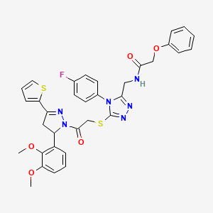 molecular formula C34H31FN6O5S2 B2870080 N-{[5-({2-[5-(2,3-dimethoxyphenyl)-3-(thiophen-2-yl)-4,5-dihydro-1H-pyrazol-1-yl]-2-oxoethyl}sulfanyl)-4-(4-fluorophenyl)-4H-1,2,4-triazol-3-yl]methyl}-2-phenoxyacetamide CAS No. 393585-13-2