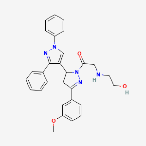 2-((2-hydroxyethyl)amino)-1-(5-(3-methoxyphenyl)-1',3'-diphenyl-3,4-dihydro-1'H,2H-[3,4'-bipyrazol]-2-yl)ethanone