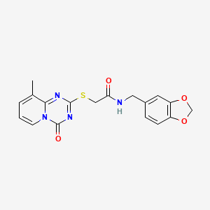 molecular formula C18H16N4O4S B2870335 N-[(2H-1,3-benzodioxol-5-yl)methyl]-2-({9-methyl-4-oxo-4H-pyrido[1,2-a][1,3,5]triazin-2-yl}sulfanyl)acetamide CAS No. 896342-23-7
