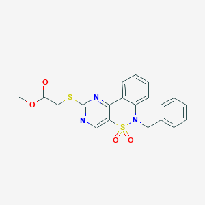 molecular formula C20H17N3O4S2 B2870515 methyl 2-({9-benzyl-8,8-dioxo-8lambda6-thia-3,5,9-triazatricyclo[8.4.0.0^{2,7}]tetradeca-1(14),2(7),3,5,10,12-hexaen-4-yl}sulfanyl)acetate CAS No. 951512-89-3