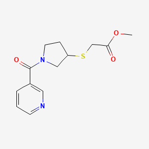 molecular formula C13H16N2O3S B2870707 Methyl 2-((1-nicotinoylpyrrolidin-3-yl)thio)acetate CAS No. 1798618-66-2