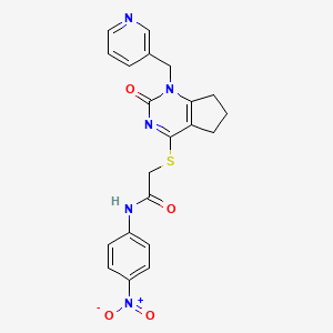 molecular formula C21H19N5O4S B2870758 N-(4-nitrophenyl)-2-({2-oxo-1-[(pyridin-3-yl)methyl]-1H,2H,5H,6H,7H-cyclopenta[d]pyrimidin-4-yl}sulfanyl)acetamide CAS No. 933251-47-9