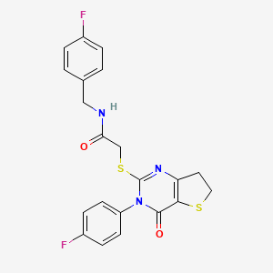 molecular formula C21H17F2N3O2S2 B2870804 2-{[3-(4-fluorophenyl)-4-oxo-3H,4H,6H,7H-thieno[3,2-d]pyrimidin-2-yl]sulfanyl}-N-[(4-fluorophenyl)methyl]acetamide CAS No. 687561-81-5