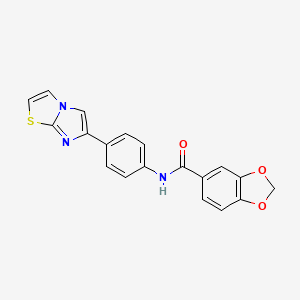 molecular formula C19H13N3O3S B2870859 N-(4-{imidazo[2,1-b][1,3]thiazol-6-yl}phenyl)-2H-1,3-benzodioxole-5-carboxamide CAS No. 872630-22-3