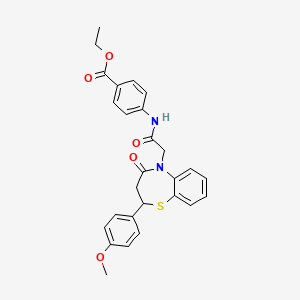 molecular formula C27H26N2O5S B2870861 ethyl 4-{2-[2-(4-methoxyphenyl)-4-oxo-2,3,4,5-tetrahydro-1,5-benzothiazepin-5-yl]acetamido}benzoate CAS No. 863004-58-4
