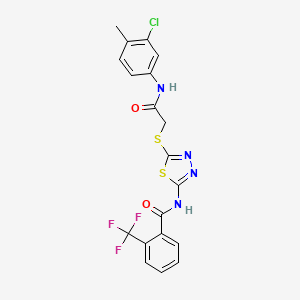 molecular formula C19H14ClF3N4O2S2 B2871055 N-(5-((2-((3-chloro-4-methylphenyl)amino)-2-oxoethyl)thio)-1,3,4-thiadiazol-2-yl)-2-(trifluoromethyl)benzamide CAS No. 868976-15-2