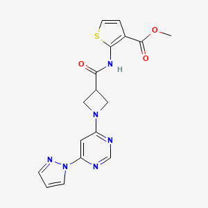 molecular formula C17H16N6O3S B2871376 methyl 2-{1-[6-(1H-pyrazol-1-yl)pyrimidin-4-yl]azetidine-3-amido}thiophene-3-carboxylate CAS No. 2034481-17-7