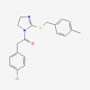 molecular formula C19H19ClN2OS B2871493 2-(4-Chlorophenyl)-1-[2-[(4-methylphenyl)methylsulfanyl]-4,5-dihydroimidazol-1-yl]ethanone CAS No. 851805-28-2