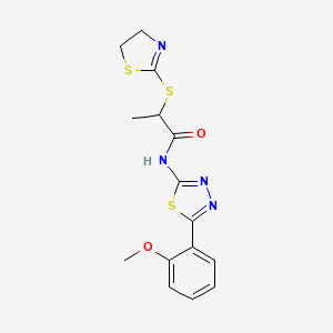 molecular formula C15H16N4O2S3 B2871496 2-(4,5-dihydro-1,3-thiazol-2-ylsulfanyl)-N-[5-(2-methoxyphenyl)-1,3,4-thiadiazol-2-yl]propanamide CAS No. 394235-46-2