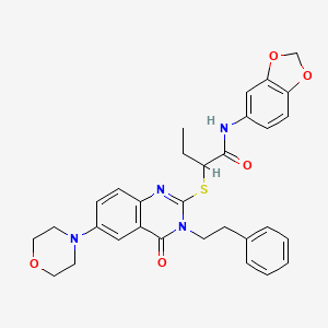 molecular formula C31H32N4O5S B2871685 N-(2H-1,3-benzodioxol-5-yl)-2-{[6-(morpholin-4-yl)-4-oxo-3-(2-phenylethyl)-3,4-dihydroquinazolin-2-yl]sulfanyl}butanamide CAS No. 689759-95-3