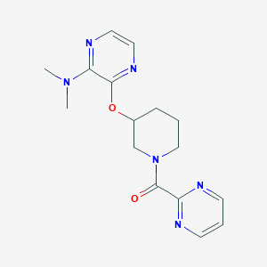 molecular formula C16H20N6O2 B2871721 N,N-dimethyl-3-{[1-(pyrimidine-2-carbonyl)piperidin-3-yl]oxy}pyrazin-2-amine CAS No. 2034503-21-2