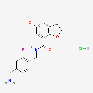 molecular formula C18H20ClFN2O3 B2872016 N-[[4-(Aminomethyl)-2-fluorophenyl]methyl]-5-methoxy-2,3-dihydro-1-benzofuran-7-carboxamide;hydrochloride CAS No. 2418716-35-3