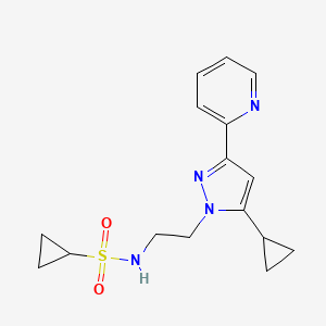 molecular formula C16H20N4O2S B2872094 N-(2-(5-cyclopropyl-3-(pyridin-2-yl)-1H-pyrazol-1-yl)ethyl)cyclopropanesulfonamide CAS No. 1797225-82-1