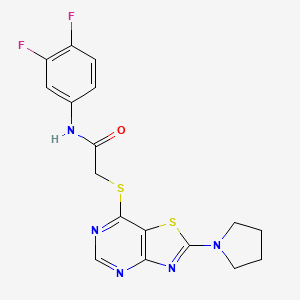molecular formula C17H15F2N5OS2 B2872128 N-(3,4-difluorophenyl)-2-{[2-(pyrrolidin-1-yl)-[1,3]thiazolo[4,5-d]pyrimidin-7-yl]sulfanyl}acetamide CAS No. 1190021-54-5
