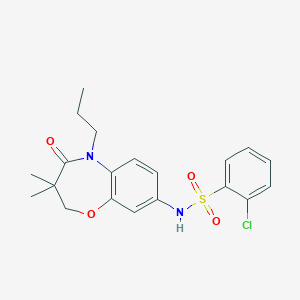 molecular formula C20H23ClN2O4S B2872151 2-chloro-N-(3,3-dimethyl-4-oxo-5-propyl-2,3,4,5-tetrahydro-1,5-benzoxazepin-8-yl)benzene-1-sulfonamide CAS No. 921997-30-0