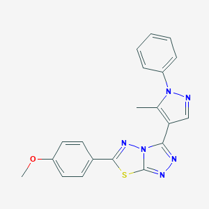 molecular formula C20H16N6OS B287220 methyl 4-[3-(5-methyl-1-phenyl-1H-pyrazol-4-yl)[1,2,4]triazolo[3,4-b][1,3,4]thiadiazol-6-yl]phenyl ether 