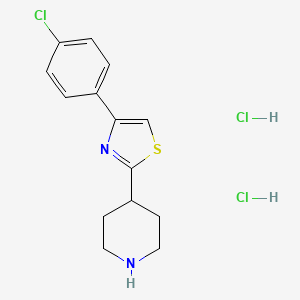 molecular formula C14H17Cl3N2S B2872282 4-(4-Chlorophenyl)-2-piperidin-4-yl-1,3-thiazole;dihydrochloride CAS No. 2378506-82-0