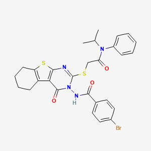 molecular formula C28H27BrN4O3S2 B2872381 4-bromo-N-[3-oxo-5-({[phenyl(propan-2-yl)carbamoyl]methyl}sulfanyl)-8-thia-4,6-diazatricyclo[7.4.0.0^{2,7}]trideca-1(9),2(7),5-trien-4-yl]benzamide CAS No. 537702-37-7