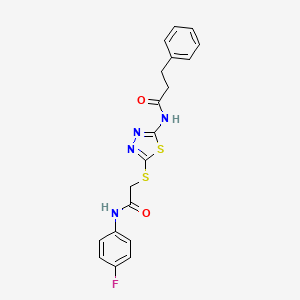 molecular formula C19H17FN4O2S2 B2872389 N-(5-((2-((4-fluorophenyl)amino)-2-oxoethyl)thio)-1,3,4-thiadiazol-2-yl)-3-phenylpropanamide CAS No. 477212-96-7