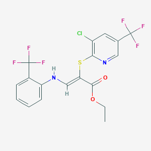 molecular formula C18H13ClF6N2O2S B2872451 ethyl (2Z)-2-{[3-chloro-5-(trifluoromethyl)pyridin-2-yl]sulfanyl}-3-{[2-(trifluoromethyl)phenyl]amino}prop-2-enoate CAS No. 338966-72-6