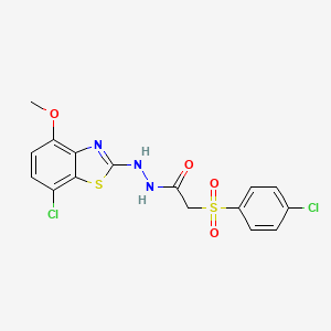 molecular formula C16H13Cl2N3O4S2 B2872469 N'-(7-chloro-4-methoxy-1,3-benzothiazol-2-yl)-2-(4-chlorobenzenesulfonyl)acetohydrazide CAS No. 922822-07-9