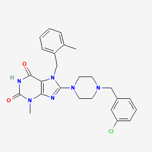 molecular formula C25H27ClN6O2 B2872627 8-{4-[(3-Chlorophenyl)methyl]piperazinyl}-3-methyl-7-[(2-methylphenyl)methyl]-1,3,7-trihydropurine-2,6-dione CAS No. 886907-73-9