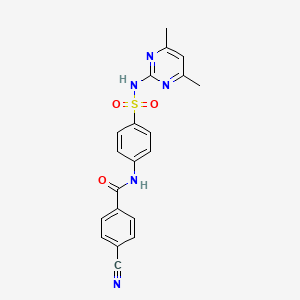 molecular formula C20H17N5O3S B2872658 4-cyano-N-(4-(N-(4,6-dimethylpyrimidin-2-yl)sulfamoyl)phenyl)benzamide 