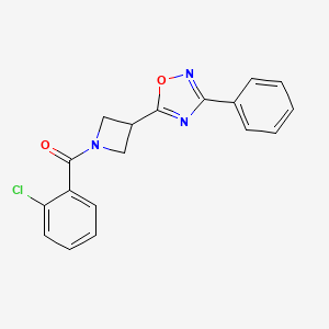 molecular formula C18H14ClN3O2 B2872693 (2-Chlorophenyl)(3-(3-phenyl-1,2,4-oxadiazol-5-yl)azetidin-1-yl)methanone CAS No. 1257552-36-5