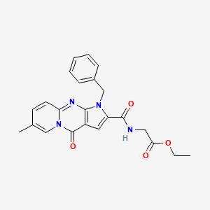 molecular formula C23H22N4O4 B2872748 ethyl 2-({6-benzyl-12-methyl-2-oxo-1,6,8-triazatricyclo[7.4.0.0^{3,7}]trideca-3(7),4,8,10,12-pentaen-5-yl}formamido)acetate CAS No. 902044-33-1