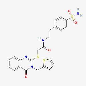 molecular formula C23H22N4O4S3 B2873168 2-({4-oxo-3-[(thiophen-2-yl)methyl]-3,4-dihydroquinazolin-2-yl}sulfanyl)-N-[2-(4-sulfamoylphenyl)ethyl]acetamide CAS No. 443349-54-0