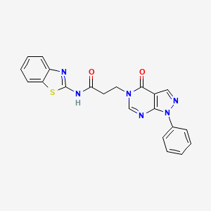 molecular formula C21H16N6O2S B2873265 N-(1,3-benzothiazol-2-yl)-3-{4-oxo-1-phenyl-1H,4H,5H-pyrazolo[3,4-d]pyrimidin-5-yl}propanamide CAS No. 946234-98-6