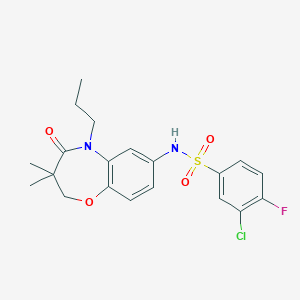 molecular formula C20H22ClFN2O4S B2873461 3-chloro-N-(3,3-dimethyl-4-oxo-5-propyl-2,3,4,5-tetrahydrobenzo[b][1,4]oxazepin-7-yl)-4-fluorobenzenesulfonamide CAS No. 921914-58-1